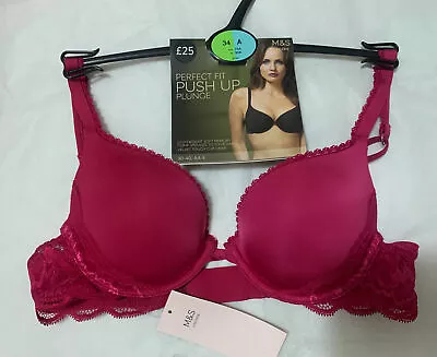 Ex M&S PERFECT FIT UNDERWIRED PLUNGE PUSH UP Bra With MEMORY FOAM CHERRY RED 34A • £12.99