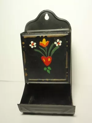 Vtg Hand Painted Floral Black Tin Metal Wall Mount Matchbox Holder Safe • $16