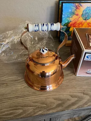 Vintage Daewoo Solid Copper Tea Pot Porcelain Handle Nickel Plated Interior New! • $20