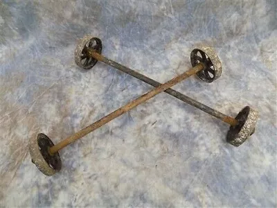 4 Factory Cart Wheels & 2 Axles Cast Iron Vintage Lineberry Industrial Wheel A11 • $159