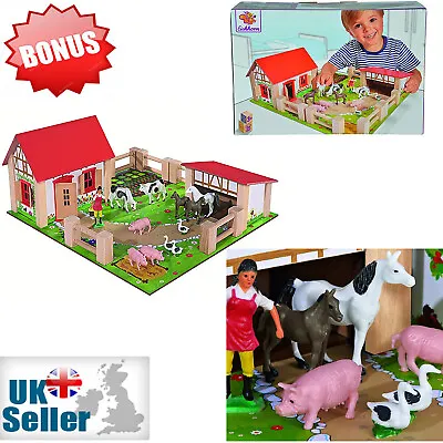 Childrens Toy Small Farm Yard Wooden 21Pc Kids Toddler Play Set Animals Fences • £34