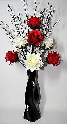 Artificial Silk Flower Arrangement Red & Ivory In Black Modern Vase 80cm Tall. • £29.99