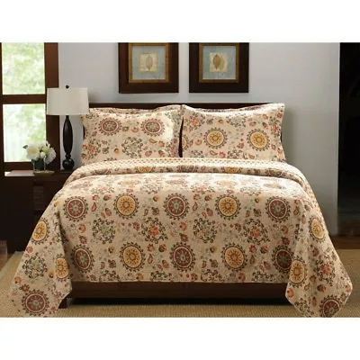 Full Queen Bedspread Quilt Retro Moon Shaped Floral Medallion Pattern Reversible • $156