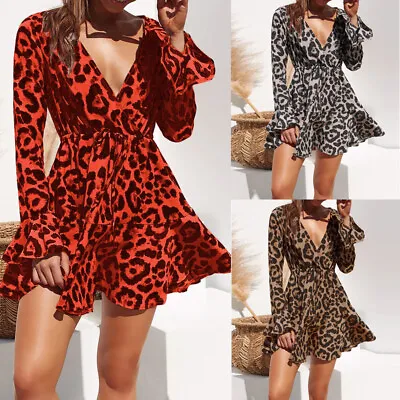 £13.39 • Buy Ladies Leopard Print Kaftan Mini Dress Sexy V Neck Tie Shirt Beach Dress