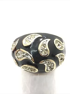 Vintage Signed 18K HGE Gold Plated Black  Enamel & Rhinestone Domed  Ring  6 • £48.21