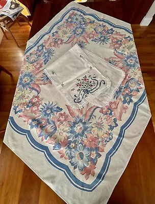 Vintage Cotton Printed Tablecloth 40 X50  Matching Cross Stitch Runner 36 X13  • $10.50