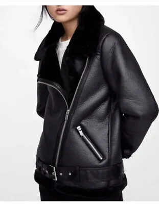 $99 • Buy Zara Black Faux Leather Shearling Fur Double Faced Biker Jacket Aviator Coat M