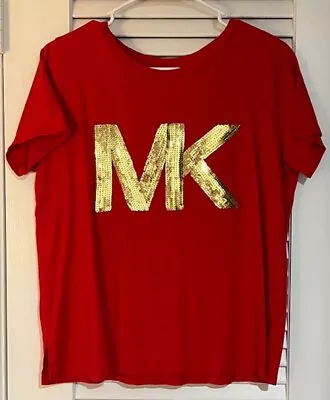 Michael Kors MK  Gold Sequined Solid Red Logo T-Shirt Top ~ Lg • $19.99