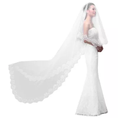 Women Wedding Veil For Long Embroidered Floral Lace Scalloped Edge • £7.76