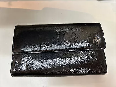 Chanel Classic Black Shiny Patent Leather Money Card Clutch Wallet Vintage • $395