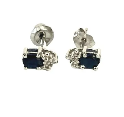 10K White Gold Oval Lab-Created Blue Sapphire And Diamond Top Stud Earrings • $60