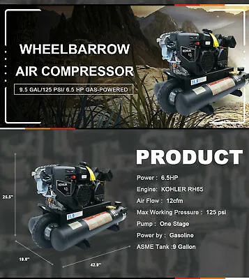 6.5 HP Wheelbarrow Piston Air Compressor Gas Engine 9 Gal Tank KOHLER 125 Psi • $799