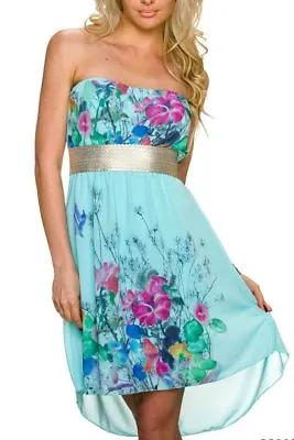 Sexy Ladies Mullet Chiffon Mini Dress Bandeau Flowers Gold Evening XS/S BLUE • $35.75