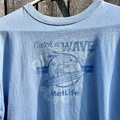Snoopy Surfing Peanuts Snoopy & Met Life Ins Catch A Wave Promo Lt Blue Tee XL • $24.98