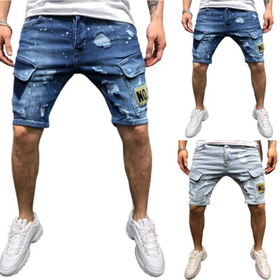 £23.89 • Buy Men Distressed Denim Shorts Ripped Skinny Half Pants Pocket Short Jeans Trousers