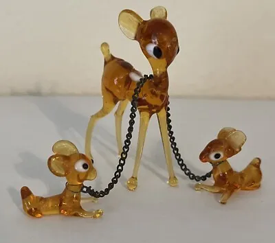 Vintage Hand Blown Miniature Amber Glass Figurines Deer With Fawns On Leash • $11