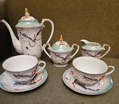 Vintage Dragonware Tea Set Japan Demitasse Moriage W/ Gold Trim - 9 Pc • $49