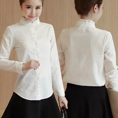 Blouse Tunic Shirt Tops Long Sleeve White Lace Slim Ruffle Stand Collar Women • £18.43