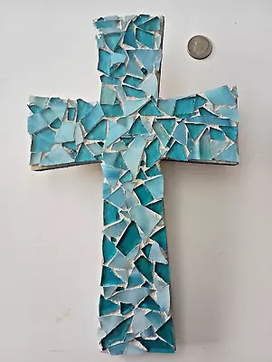 Cross Mosaic Art Gift Of Religious Handmade Mosaic Wall Decor Aqua Blue Glass • $29.99