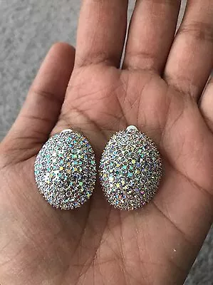 1.1  Clip On Stud Ab Aurora Borealis Silver Pageant Crystal Rhinestone Earrings • $14