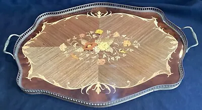Lovely Vintage Italian Marquetry Inlaid Wood & Brass Large Serving Tray 22” Long • $49.99