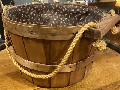 Mid Century Fabric Lined Apple Bushel Harvest Basket With Rope Carrying Handles • $40