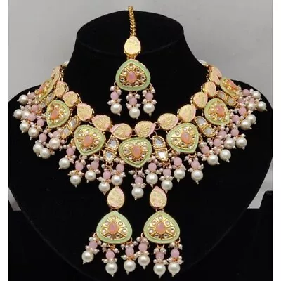 Indian Bollywood Gold Plated Kundan Meenakari Bridal Choker Necklace Jewelry Set • $37.79