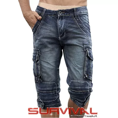 New Mens Cargo Casual Blue Washed Denim Pocket Walk Shorts Jeans Sizes 30 - 40 • $45.01