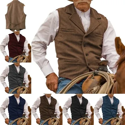 Aged Mens Vest Cowboy Tweed Wool Vintage Herringbone Waistcoat S M Large XL XXL • $23.99