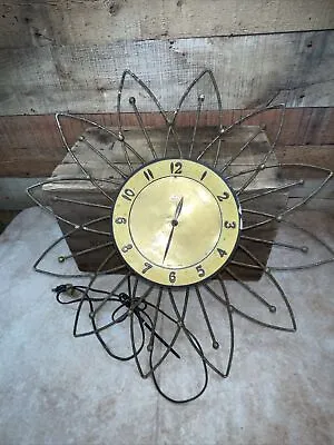 Vintage Lux Mid Century Modern Gold Atomic Starburst Wall Clock 1950s MCM • $72