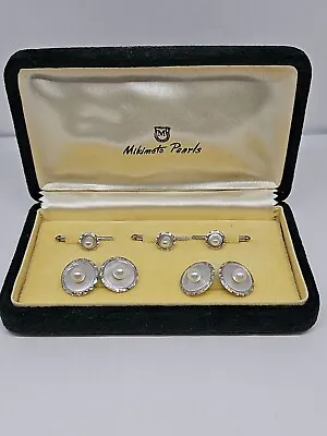 ART DECO Sterling Silver MOP MIKIMOTO PEARLS Cufflinks & Stud Set Orig.Box • $499.99