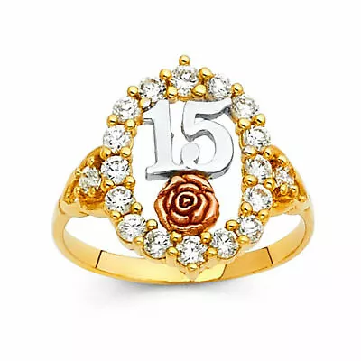 Oval Flower Sweet Quinceañera 15 Años CZ 14k Tri Tone Gold Ring Oro Flor Anillo • $279.98