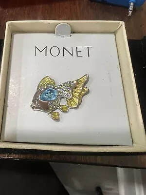 Vintage Monet Silver Blue Belly Fish Pin Brooch Enamel And Rhinestones • $0.99