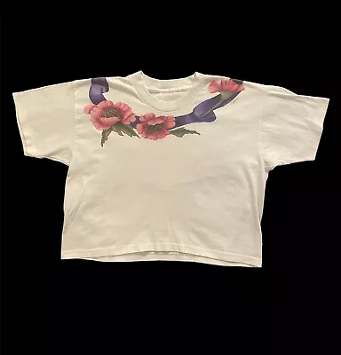 Vintage 90s Single Stitch Crop Top T Shirt Flower Ribbon Design White Size Large • $17.99