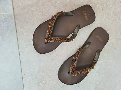 £8 • Buy Reef, Brown, Rubber, Flip Flops. With A Beaded Trim. Size 5