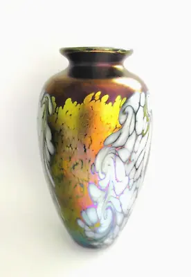 Signed Okra 2004 Iridescent Art Glass Vase Sculpture 23cm Tall • £175