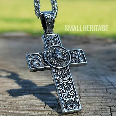 Stainless Steel Lion Cross Necklace Christian Pendant Medieval Style Men Women • $23.83