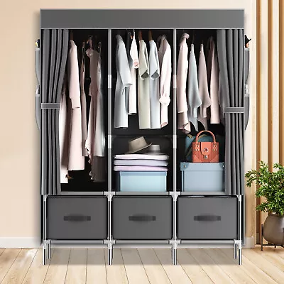Large Canvas Fabric Wardrobe With Hanging Rail Shelving Clothes Storage Cupboard • £28.69