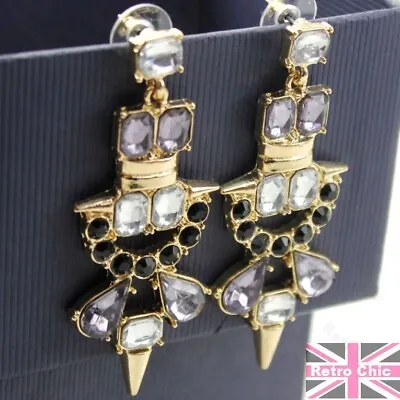 BIG 7cm PURPLE Vintage Style RHINESTONE CHANDELIER EARRINGS Gold Tone SPIKY DROP • £3.44