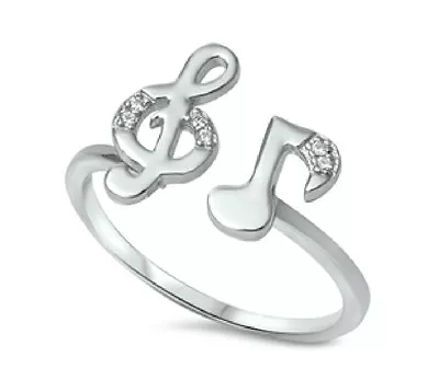 .925 Sterling Silver 12MM TREBLE CLEF AND MUSICAL NOTE CZ DESIGN RING SIZES 4-10 • $16.58