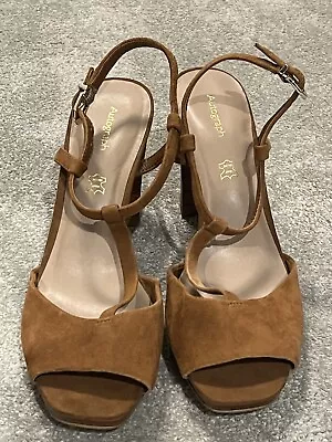 M&S Autograph Tan Suede Block Heel Shoe Size 7 Ankle Strap Fasten T-bar • £4