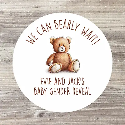 48 X Personalised Baby Shower Stickers Gender Reveal Baby Name Teddy Bear • £3.50