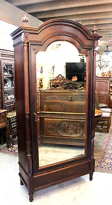 French Antique Rose Wood Louis XVI Style Beveled Mirror  1 Door Armoire • $3800