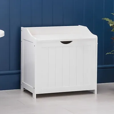 White Laundry Box Wooden Bathroom Storage Basket Linen Clothes Chest Christow • £49.49