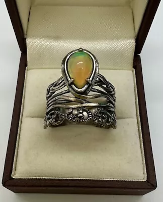 Vintage Sterling Silver Israel Iridescent Opal Wide Band Ring Size 10.25 • $69.99