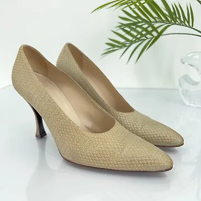 £79.15 • Buy Giorgio Armani Pumps Women 36 / 6 Gold Beige Fabric Stiletto Pointed Heel Shoes