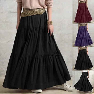 $32.01 • Buy Women Pleated Skirt Maxi Vintage Casual Loose Ruffle Long Swing Dress Plus Size