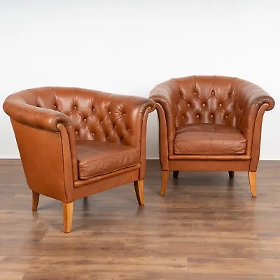 Pair Mid Century Vintage Brown Leather Barrel Back Arm Chairs Denmark Circa 19 • $4050