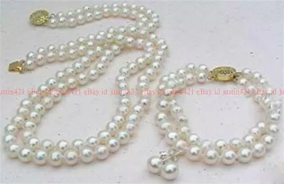 2 Rows White 8mm Cultured Shell Pearl Necklace Bracelet Earrings Set AAA • $9.49