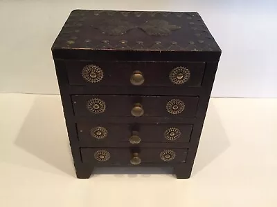 Vintage Wood & Brass 4 Drawer Table Top Chest Of Drawers Apothecary Jewelry 8” • $44.99